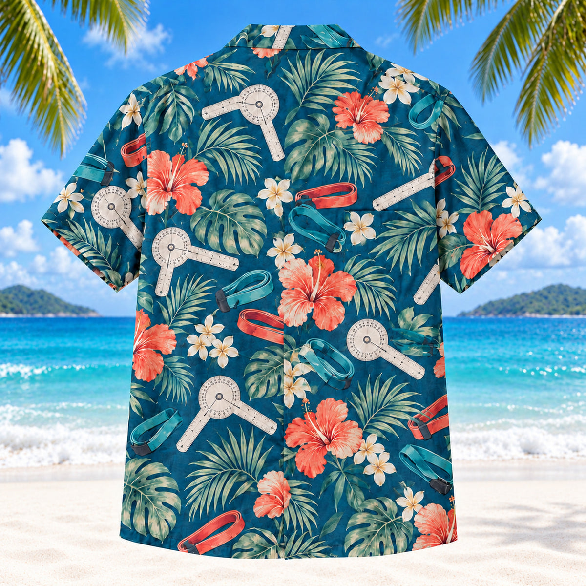 Back view of Goniometer Garden Teal Physical Therapist Hawaiian Shirt on a Hawaiian beach with fine white sand