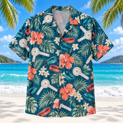 Front view of Goniometer Garden Teal Physical Therapist Hawaiian Shirt on a Hawaiian beach with fine white sand