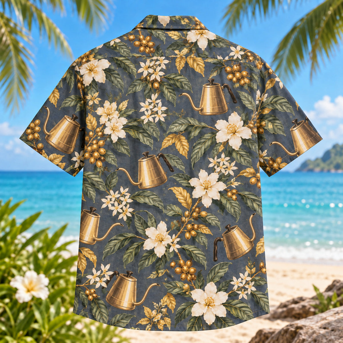Back view of Gooseneck Garden Specialty Coffee Hawaiian Shirt with matching artwork in slate, gold, cream
