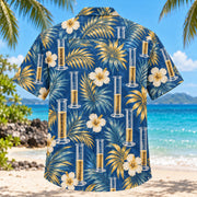 Back view of Graduated Cylinder Chemistry Hawaiian Shirt with matching artwork in blue, gold, cream