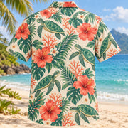 Back view of Green Turtle Hibiscus Sea Turtle Hawaiian Shirt with matching artwork in jade, coral, cream
