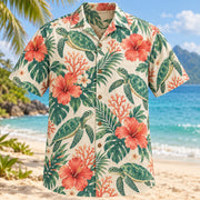 Front view of Green Turtle Hibiscus Sea Turtle Hawaiian Shirt with green sea turtles swimming among coral hibiscus and tropical leaves