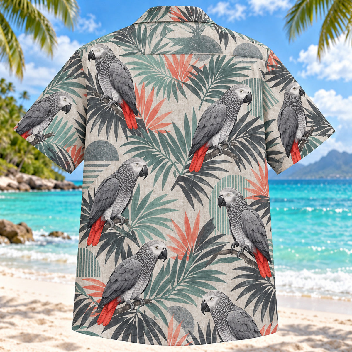 Back view of African Grey Geometric Parrot Hawaiian Shirt with matching pet parrot artwork in graphite, grey, coral, seafoam