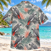 Back view of African Grey Geometric Parrot Hawaiian Shirt with matching pet parrot artwork in graphite, grey, coral, seafoam