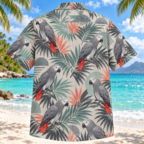 Back view of African Grey Geometric Parrot Hawaiian Shirt with matching pet parrot artwork in graphite, grey, coral, seafoam