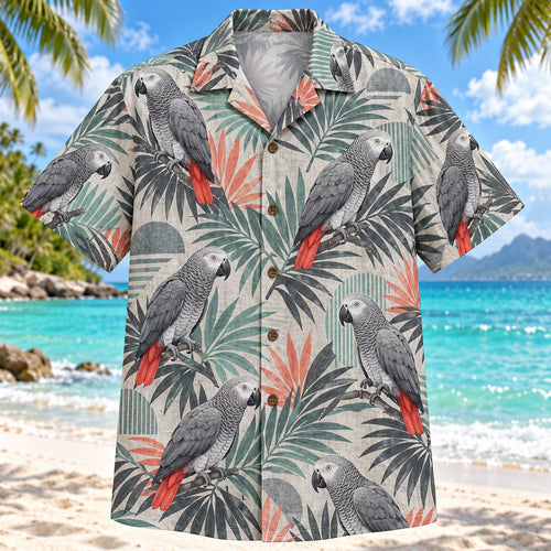 Front view of African Grey Geometric Parrot Hawaiian Shirt with original African grey parrots with red tails among gentle geometric palm shapes
