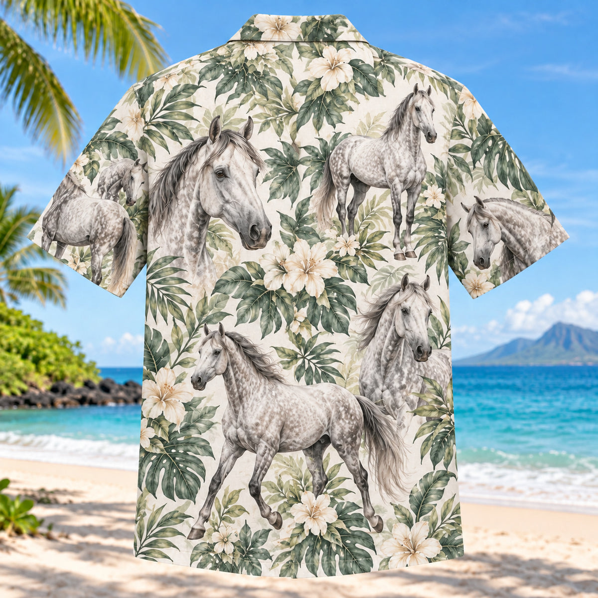 Back view of Grey Horse Botanical Horse Hawaiian Shirt with matching artwork in grey, sage, ivory