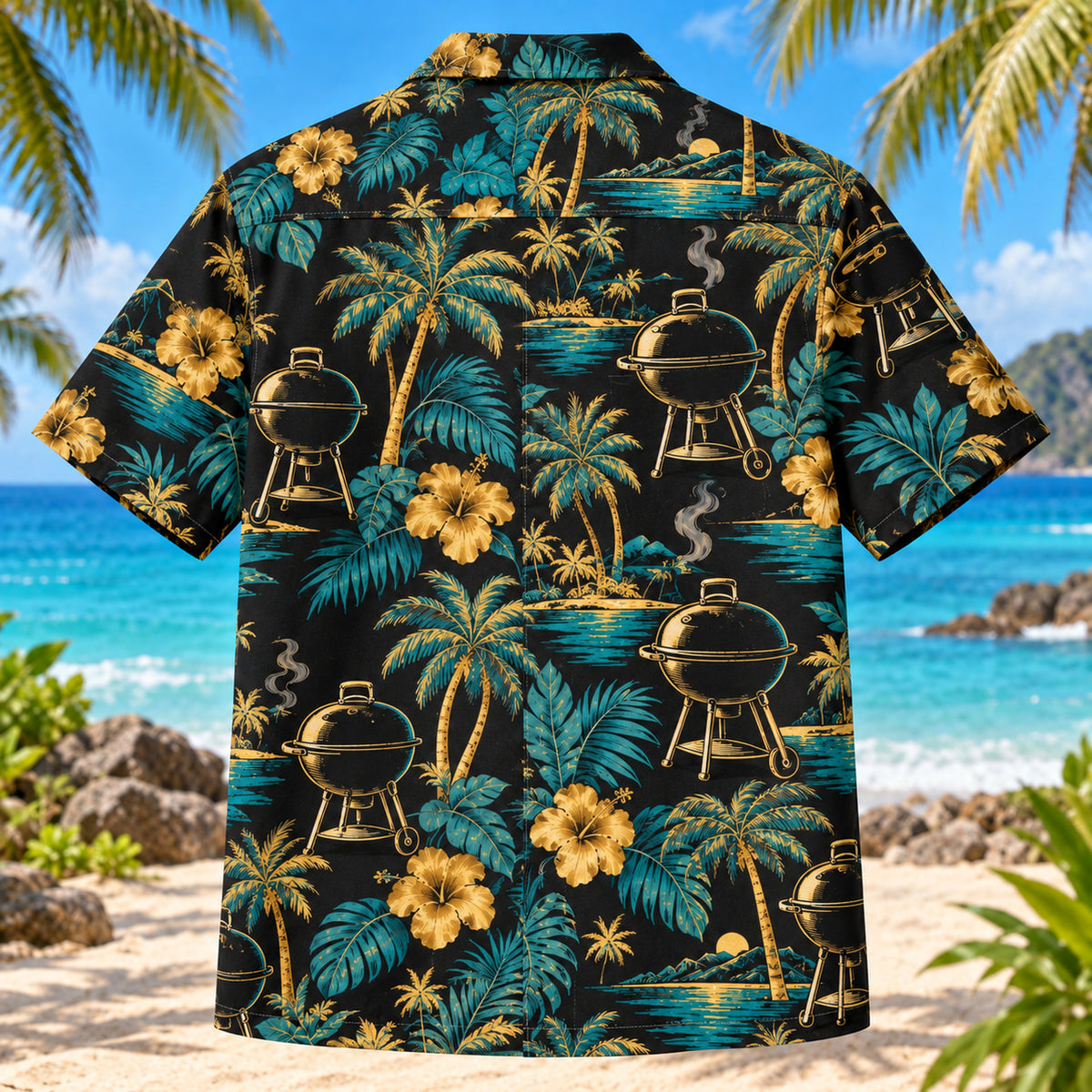 Back view of Grill Palm BBQ Hawaiian Shirt with matching artwork in black, gold, teal