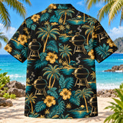 Back view of Grill Palm BBQ Hawaiian Shirt with matching artwork in black, gold, teal