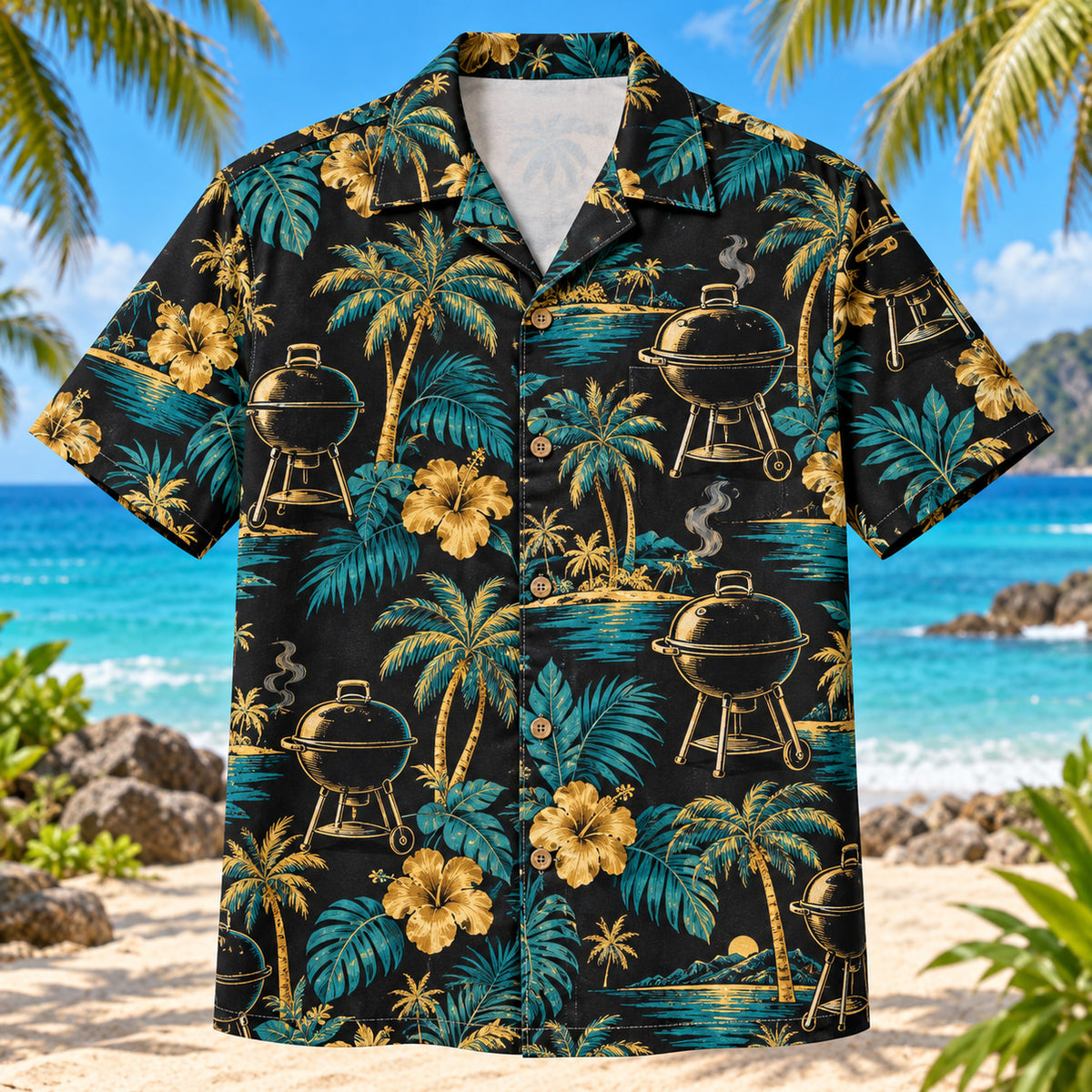 Front view of Grill Palm BBQ Hawaiian Shirt with generic backyard grills among palms