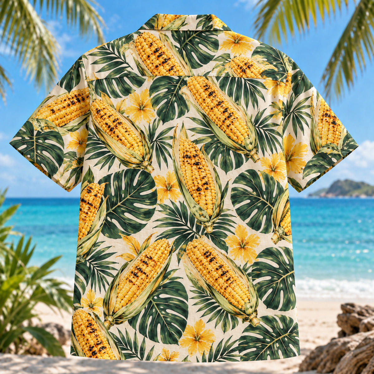 Back view of Grilled Corn BBQ Hawaiian Shirt with matching artwork in yellow, forest, cream