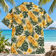 Back view of Grilled Corn BBQ Hawaiian Shirt with matching artwork in yellow, forest, cream