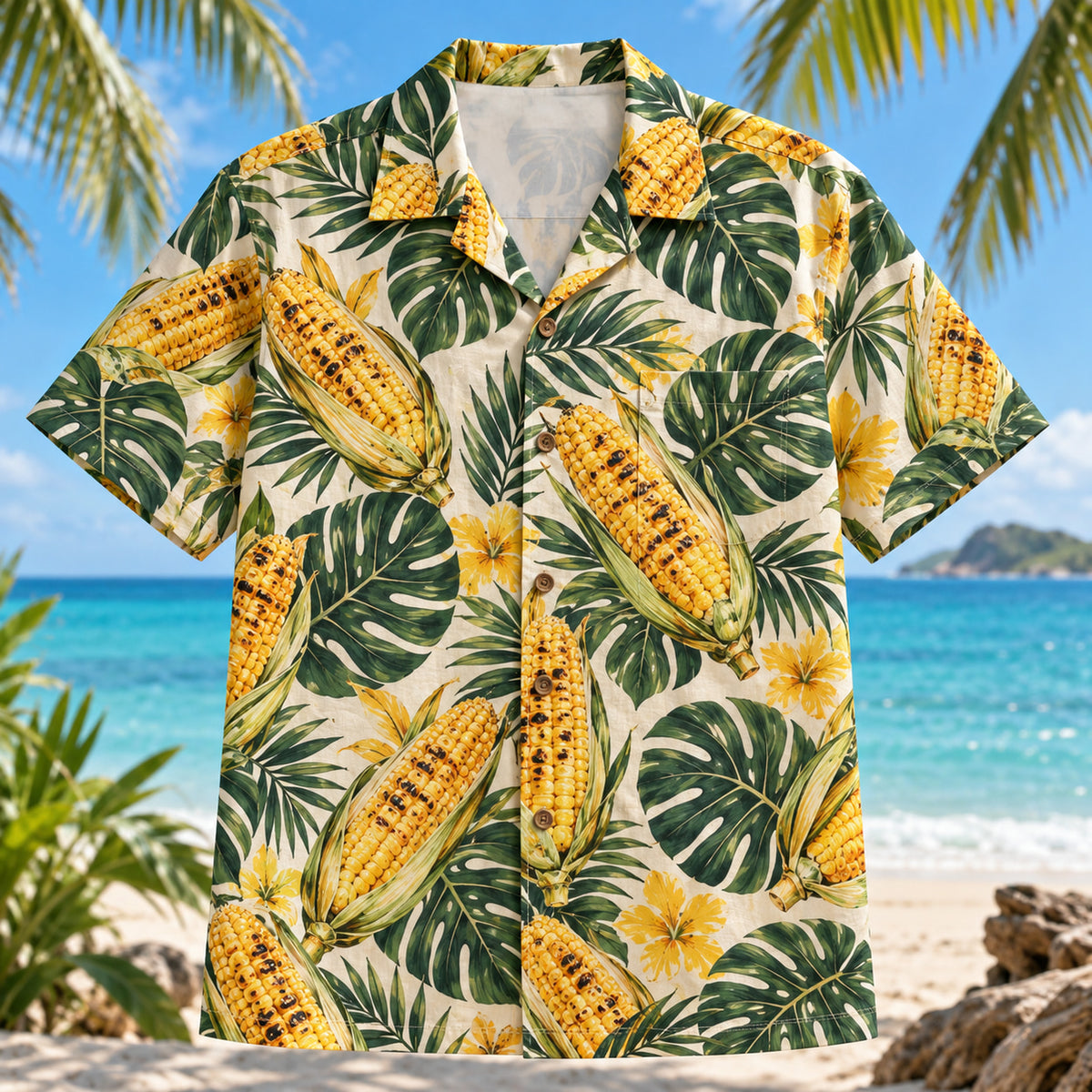 Front view of Grilled Corn BBQ Hawaiian Shirt with grilled corn and tropical leaves