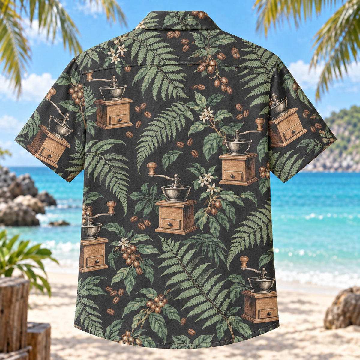 Back view of Grinder Fern Specialty Coffee Hawaiian Shirt with matching artwork in charcoal, mint, tan