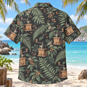 Back view of Grinder Fern Specialty Coffee Hawaiian Shirt with matching artwork in charcoal, mint, tan