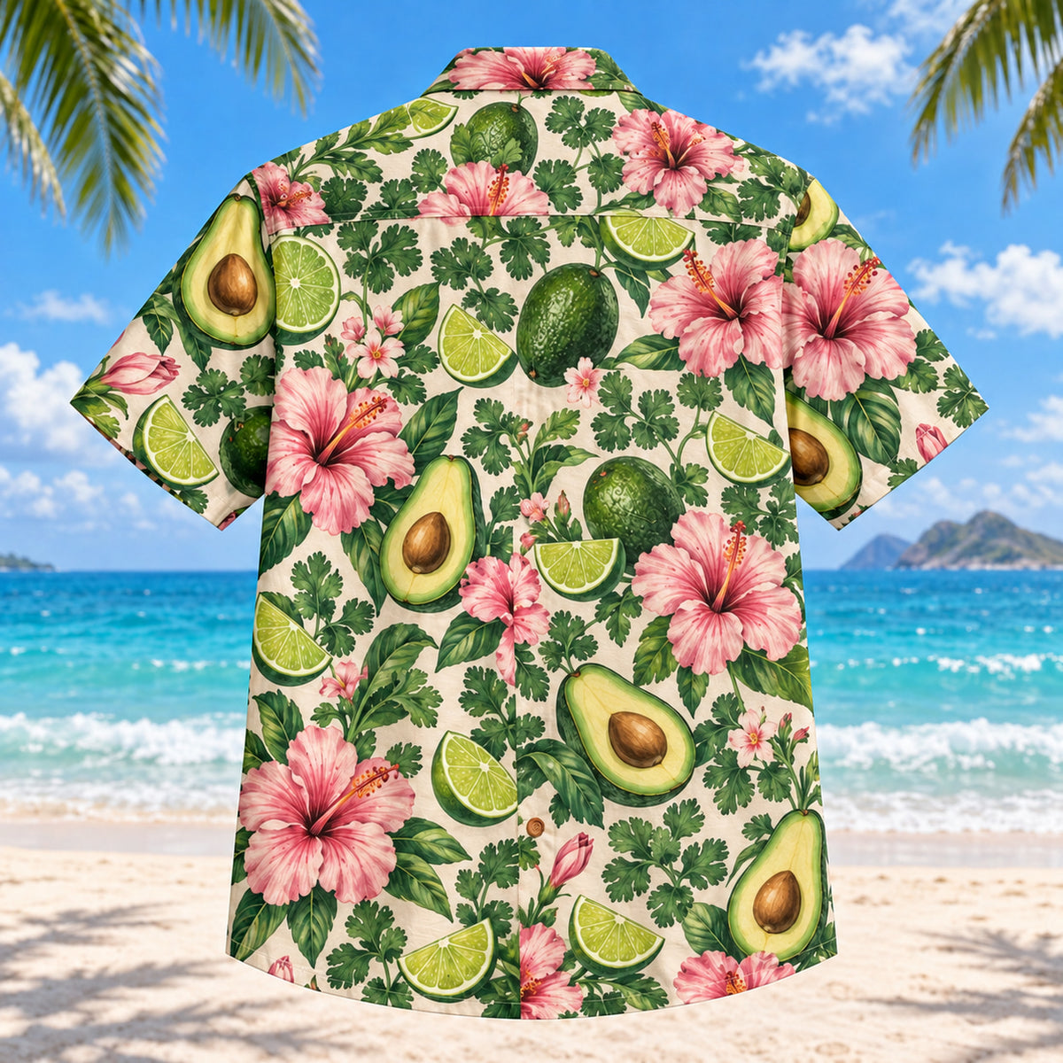 Back view of Guacamole Bloom Tex-Mex Hawaiian Shirt with matching artwork in avocado green, pink, cream