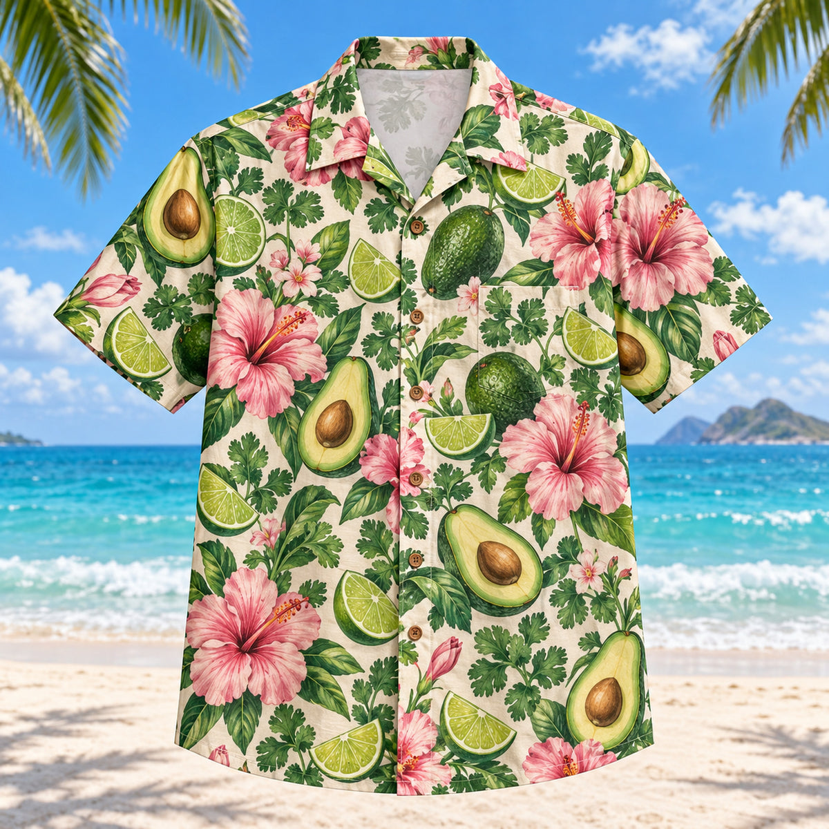 Front view of Guacamole Bloom Tex-Mex Hawaiian Shirt with avocado, lime and cilantro motifs mixed with original hibiscus-like flowers