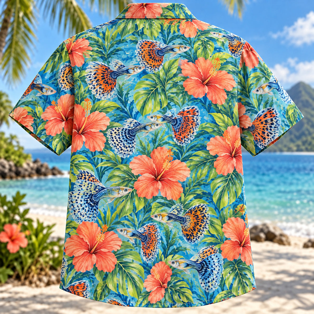 Back view of Guppy Hibiscus Freshwater Aquarium Hawaiian Shirt with matching artwork in coral, blue, lime