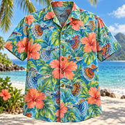 Front view of Guppy Hibiscus Freshwater Aquarium Hawaiian Shirt with ornamental guppies among tropical hibiscus
