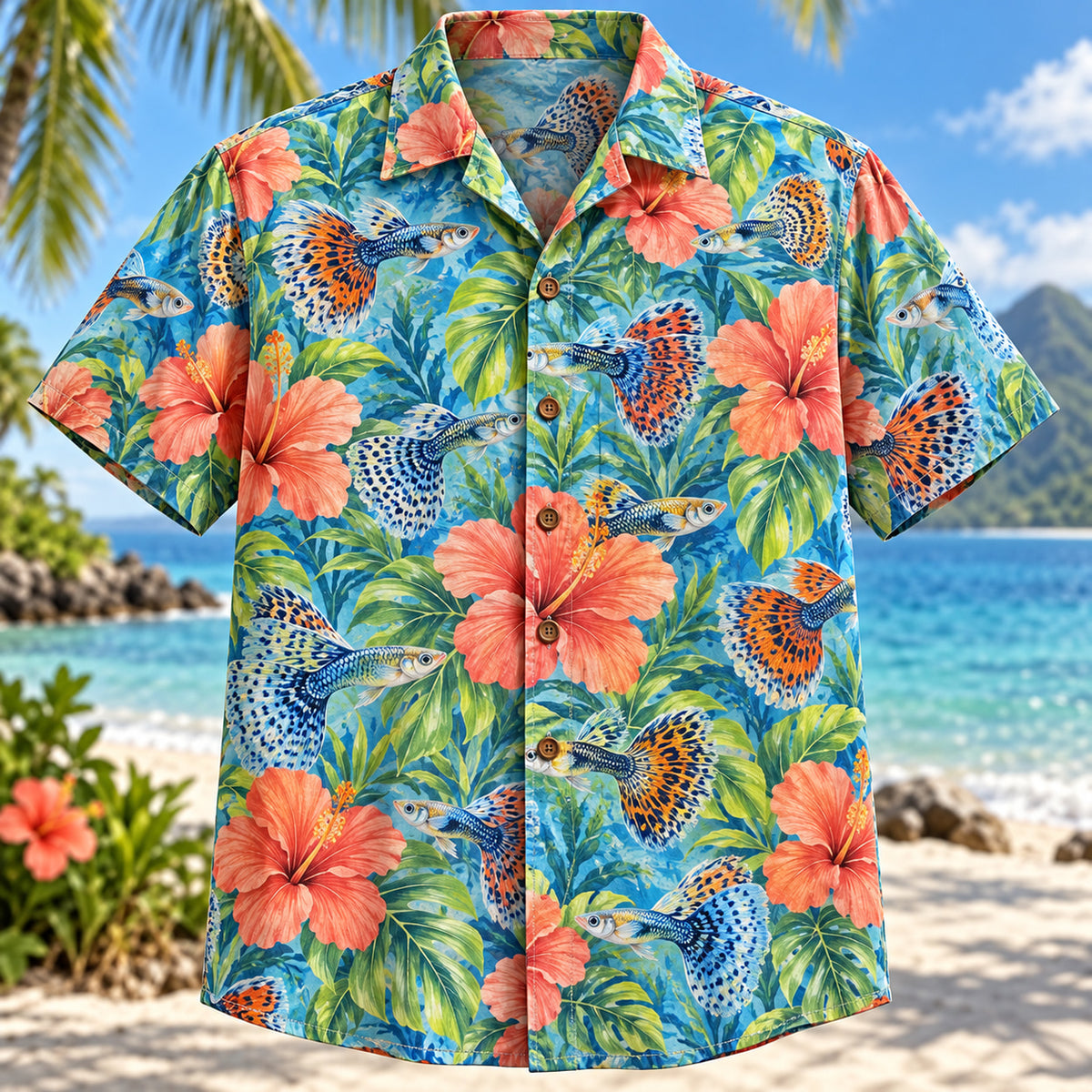 Front view of Guppy Hibiscus Freshwater Aquarium Hawaiian Shirt with ornamental guppies among tropical hibiscus