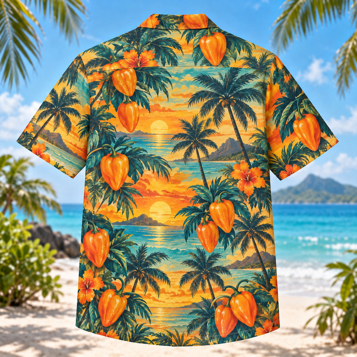 Back view of Habanero Sunset Chili Pepper Hawaiian Shirt with matching artwork in orange, gold, teal