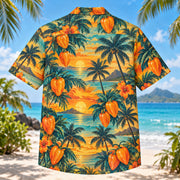 Back view of Habanero Sunset Chili Pepper Hawaiian Shirt with matching artwork in orange, gold, teal