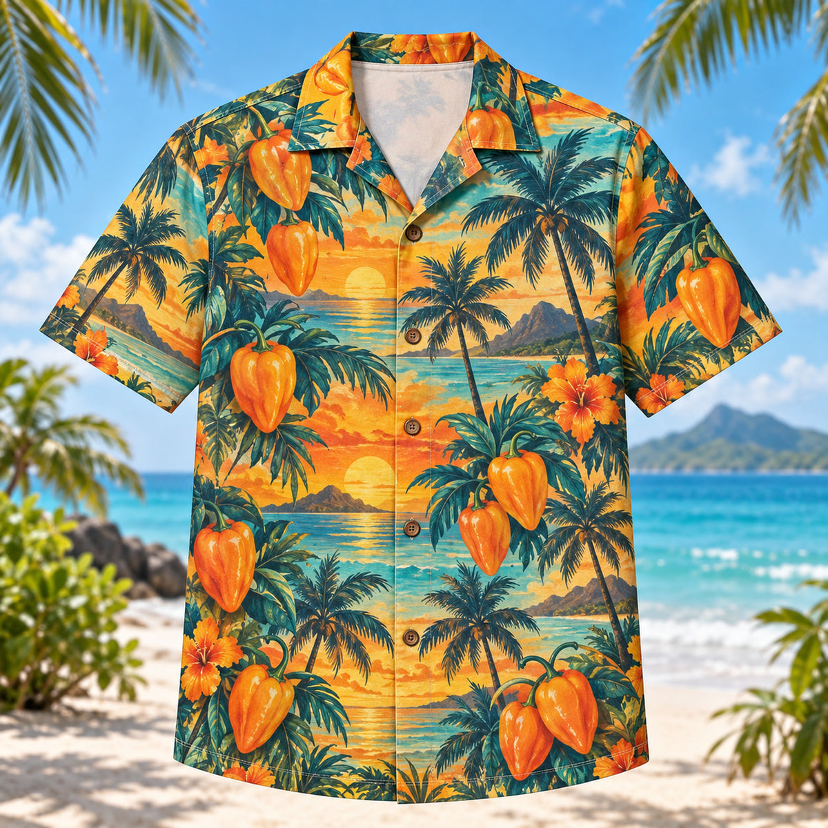 Front view of Habanero Sunset Chili Pepper Hawaiian Shirt with orange habanero peppers with sunset palms
