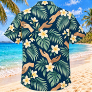 Back view of Hands And Palm Navy Cream Social Worker Hawaiian Shirt with matching artwork in navy, warm ivory, pale seafoam