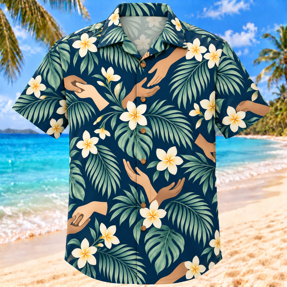 Front view of Hands And Palm Navy Cream Social Worker Hawaiian Shirt with original generic supportive hands, palm fronds and plumeria in a calm repeat
