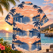 Back view of Harbor Morning Cruise Travel Hawaiian Shirt with matching artwork in sunset peach, navy, white