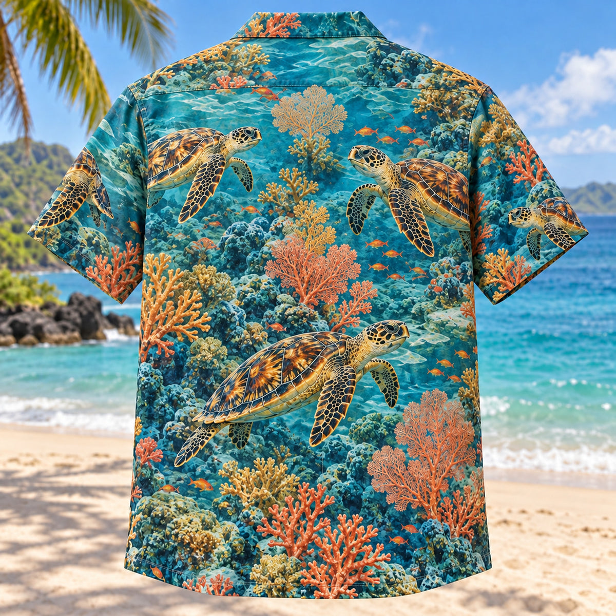 Back view of Hawksbill Reef Sea Turtle Hawaiian Shirt with matching artwork in teal, amber, coral