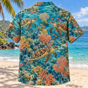 Back view of Hawksbill Reef Sea Turtle Hawaiian Shirt with matching artwork in teal, amber, coral