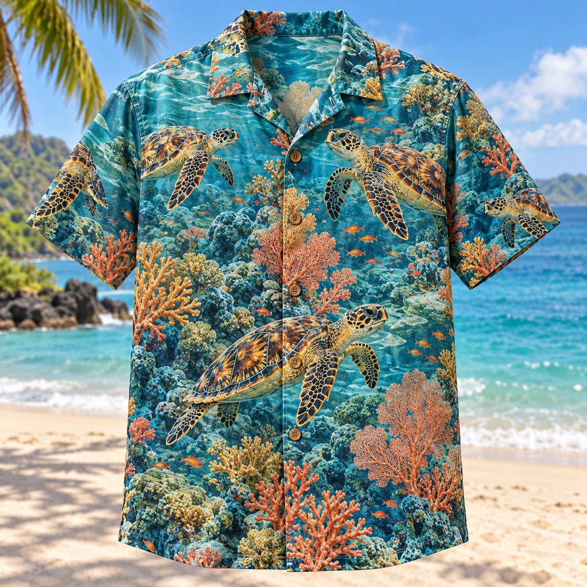 Front view of Hawksbill Reef Sea Turtle Hawaiian Shirt with hawksbill sea turtles drifting over original reef corals