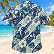 Back view of Headphone Bloom Navy Audiologist Hawaiian Shirt with matching artwork in navy, aqua, warm cream