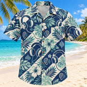 Front view of Headphone Bloom Navy Audiologist Hawaiian Shirt with original generic test headphones and flowers in a large focal motifs with small botanical echoes