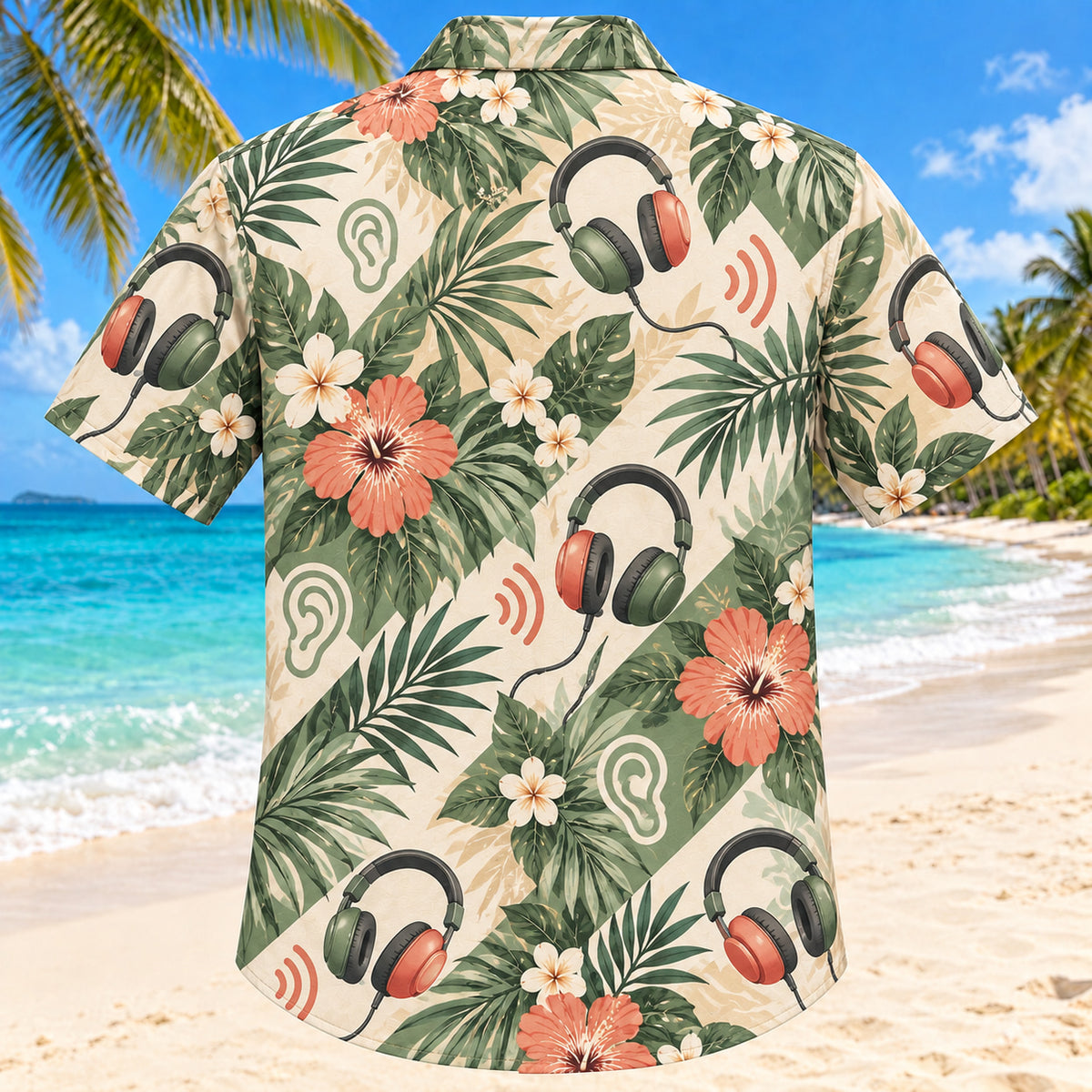 Back view of Headphone Bloom Sage Audiologist Hawaiian Shirt with matching artwork in sage, sand, coral