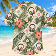 Back view of Headphone Bloom Sage Audiologist Hawaiian Shirt with matching artwork in sage, sand, coral
