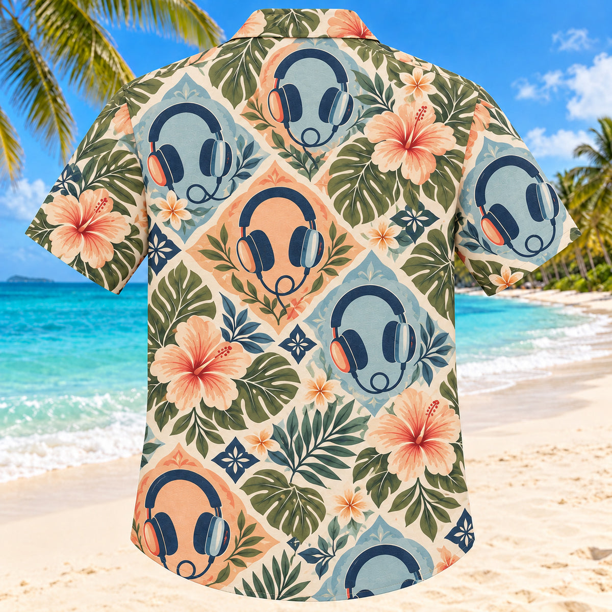 Back view of Headphone Bloom Sunset Audiologist Hawaiian Shirt with matching artwork in sunset peach, sea blue, olive