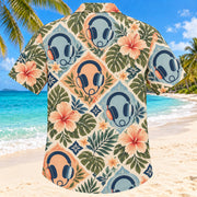 Back view of Headphone Bloom Sunset Audiologist Hawaiian Shirt with matching artwork in sunset peach, sea blue, olive