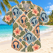 Front view of Headphone Bloom Sunset Audiologist Hawaiian Shirt with original generic test headphones and flowers in a loose geometric medallions