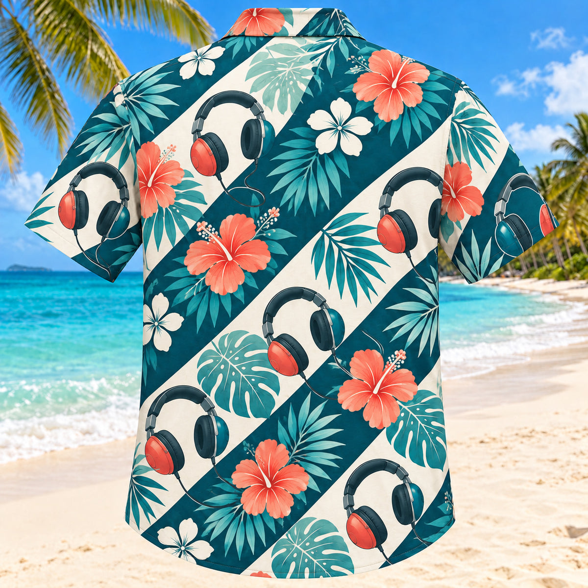 Back view of Headphone Bloom Teal Audiologist Hawaiian Shirt with matching artwork in deep teal, ivory, coral