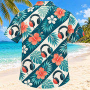 Back view of Headphone Bloom Teal Audiologist Hawaiian Shirt with matching artwork in deep teal, ivory, coral