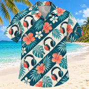 Front view of Headphone Bloom Teal Audiologist Hawaiian Shirt with original generic test headphones and flowers in a airy diagonal repeat