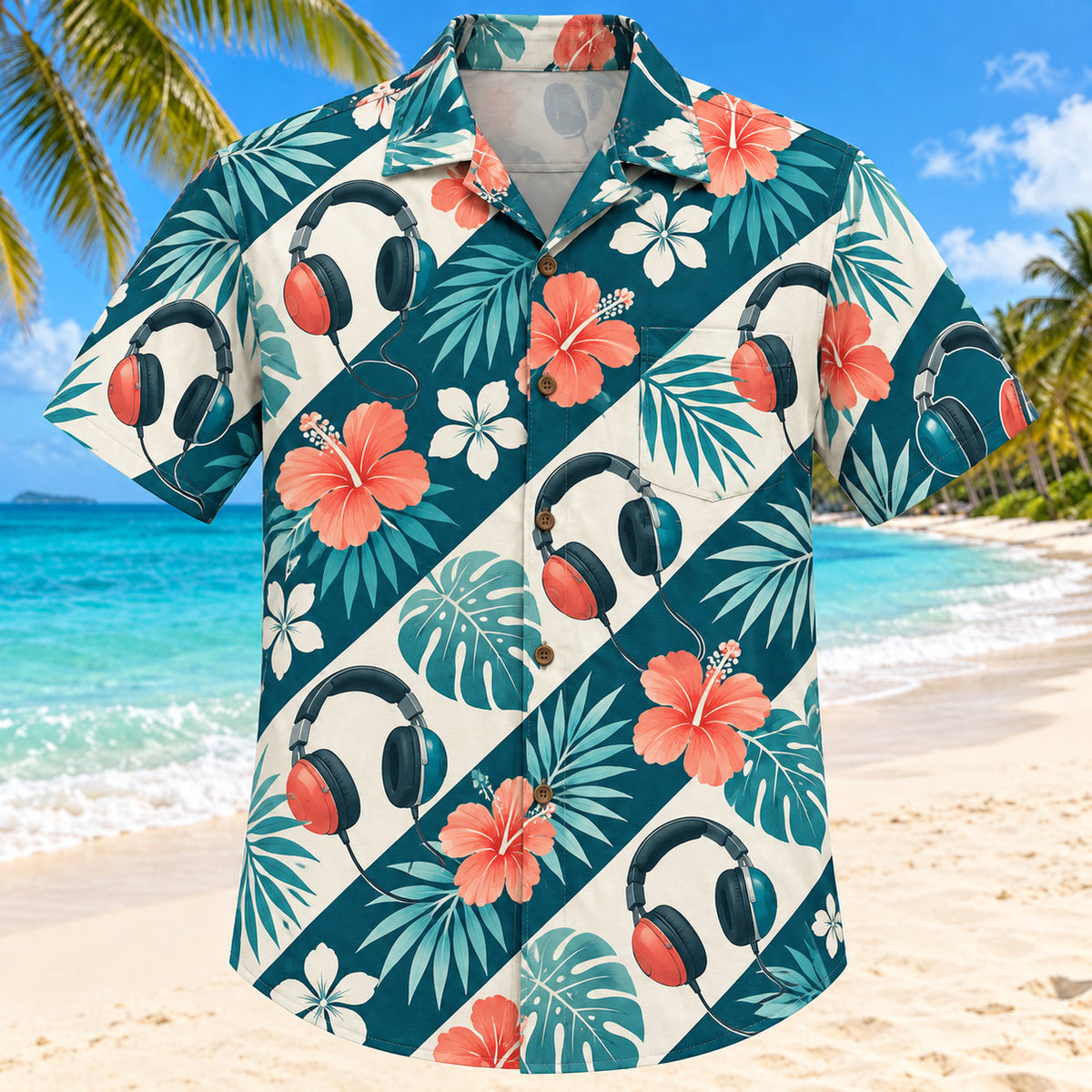 Front view of Headphone Bloom Teal Audiologist Hawaiian Shirt with original generic test headphones and flowers in a airy diagonal repeat