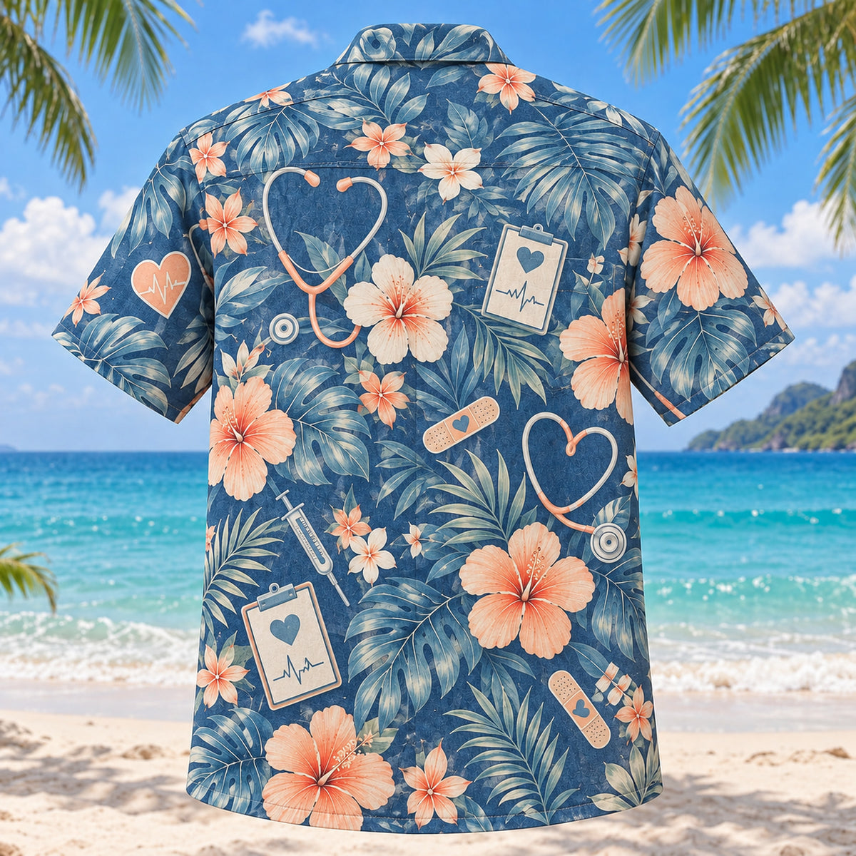 Back view of Health Icon Nurse Hawaiian Shirt with matching artwork in denim, peach, ivory