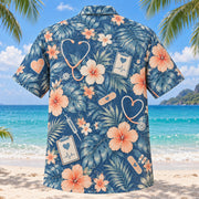 Back view of Health Icon Nurse Hawaiian Shirt with matching artwork in denim, peach, ivory