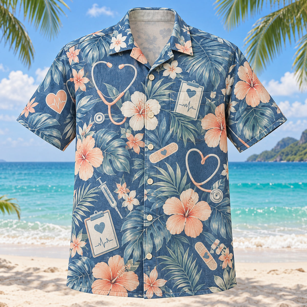 Front view of Health Icon Nurse Hawaiian Shirt with original health icon motifs, with tropical botanical accents; no text or branded equipment