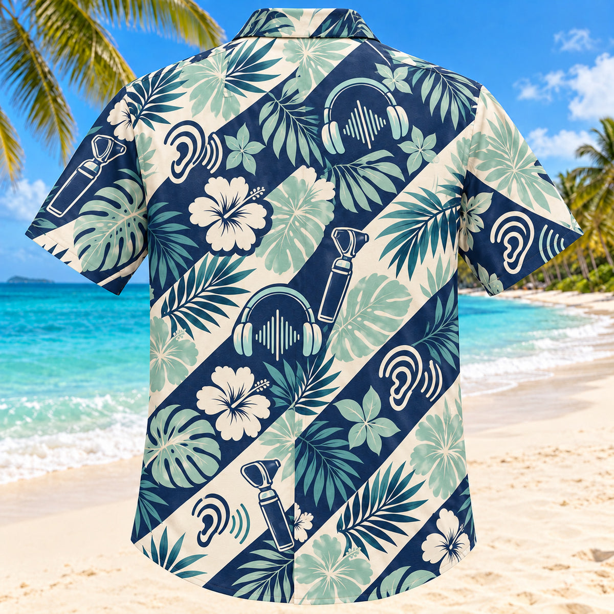 Back view of Hearing Wave Navy Audiologist Hawaiian Shirt with matching artwork in navy, aqua, warm cream