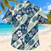 Back view of Hearing Wave Navy Audiologist Hawaiian Shirt with matching artwork in navy, aqua, warm cream