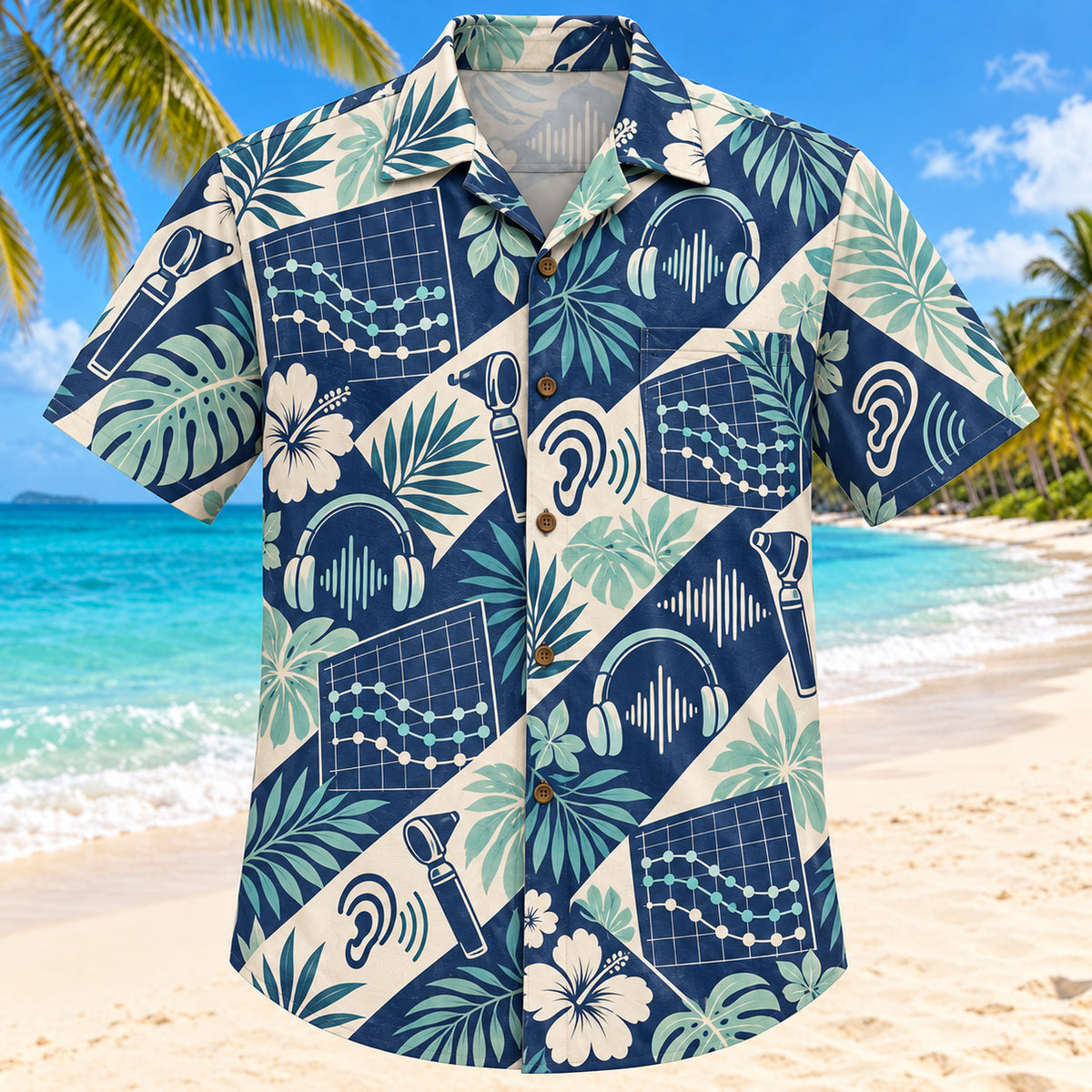 Front view of Hearing Wave Navy Audiologist Hawaiian Shirt with original fictional audiogram curves and waves in a large focal motifs with small botanical echoes